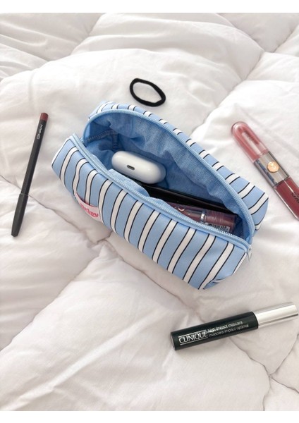 Mavi Çizgili Tek Gözlü Kalemlik Yıkanabilir Fermuarlı Okul Mavi Kalem Kutusu fırsatları