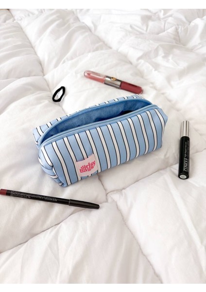 Mavi Çizgili Tek Gözlü Kalemlik Yıkanabilir Fermuarlı Okul Mavi Kalem Kutusu indirimleri