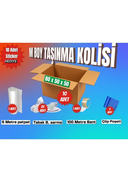 80X50X50 Taşınma Paketi M Boy 10 Adet Koli 1 Adet 5 Metre Patpat (Balonlu Naylon) 20 Adet Tabak/bardak Sarmalık Kâğıt 1 Adet 100 Metre Bant 2 Adet Çöp Poşeti Hediye: 10 Adet Sticker (Etiket)
