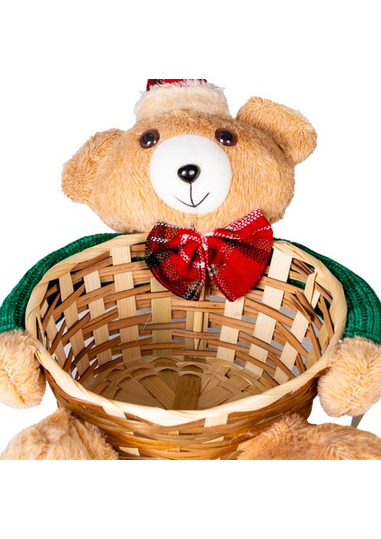 Yılbaşı Süsü, Sepet, Kahverengi - Ayıcıklı, Hasır Örgü, Ekose Papyonl fiyatları