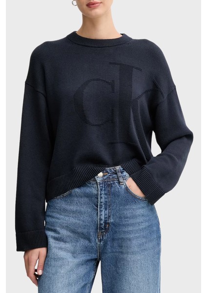 Logolu Pamuklu Relaxed Fit Bisiklet Yaka Örme Kazak LV047D304GCEF Bayan Kazak LV047D304G Cef