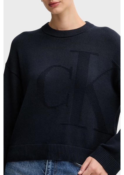 Logolu Pamuklu Relaxed Fit Bisiklet Yaka Örme Kazak LV047D304GCEF Bayan Kazak LV047D304G Cef modelleri