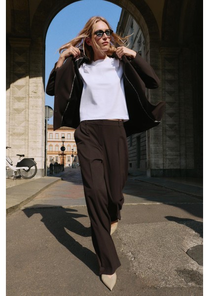 Premium Vento Orta Bel Wide Leg Dokuma Pantolon