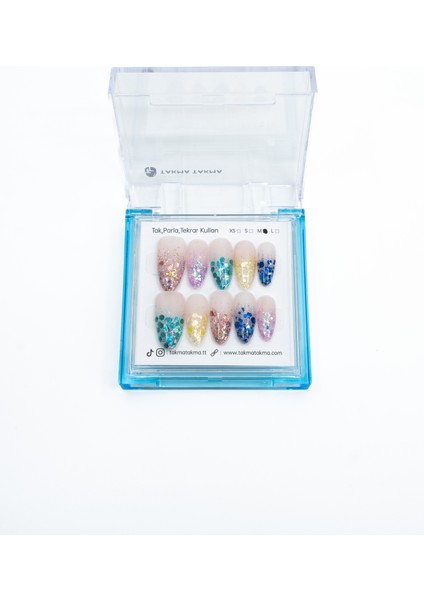 10'lu Renkli Uzun Badem TT1183 Tekrar Kullanılabilir El Yapımı Protez Takma Tırnak - Renkli-S