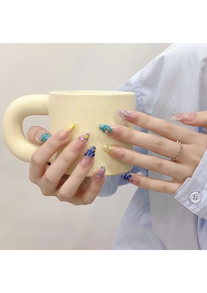 10'lu Renkli Uzun Badem TT1183 Tekrar Kullanılabilir El Yapımı Protez Takma Tırnak - Renkli-S fiyatları