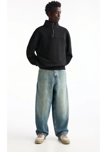 Oversize Yarım Farmuarlı Yakalı Basic Sweatshirt - Siyah modelleri