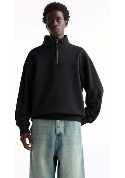 Oversize Yarım Farmuarlı Yakalı Basic Sweatshirt - Siyah indirimleri