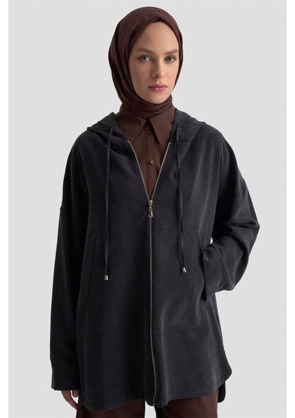 Fermuar Detaylı Kapüşonlu Kap 25KD1125 Siyah modelleri