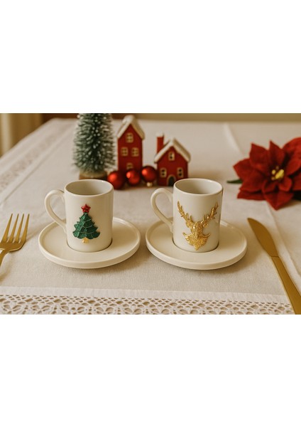 Çam Ağacı ve Geyik Aksesuarlı 2 Kişilik Derya Porselen Kahve Seti, Yılbaşı Hediyelik Fincan fiyatları