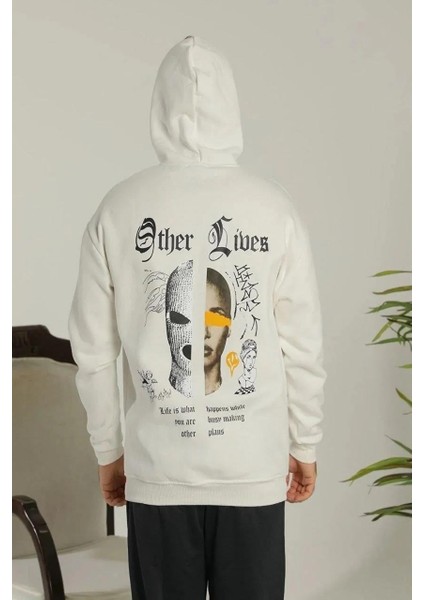 Erkek Oversize Üç Iplik Şardonlu Kapüşonlu Sweatshirt – Beyaz “other Lives” Ön ve Arka Baskılı, Kanguru Cepli, Ribanalı Rahat Kışlık Model Beyaz modelleri