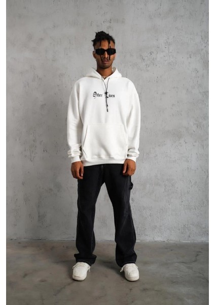 Erkek Oversize Üç Iplik Şardonlu Kapüşonlu Sweatshirt – Beyaz “other Lives” Ön ve Arka Baskılı, Kanguru Cepli, Ribanalı Rahat Kışlık Model Beyaz fırsatları