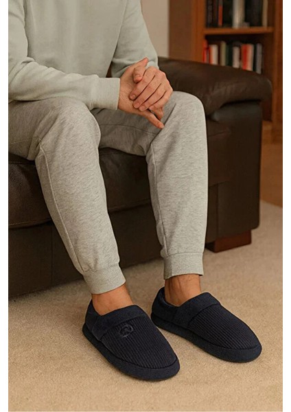 Nordik Erkek Panduf Bohça Fitilli Kadife Kumaş Nakışlı Rahat Yumuşak Taban Kürklü Ev Içi Ayakkabı