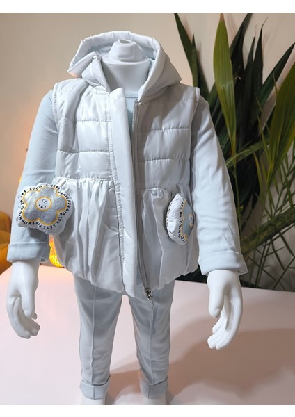 Kız Bebek Vikvik Oyuncaklı Üçlü Takım (Omuzdan Çıtçıtlısweatshirt+ Vikvikli Yelek+Pantolon)