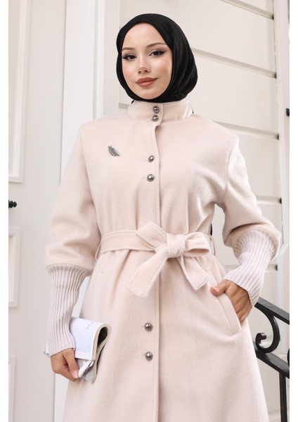 Broş Detaylı Kaban Bej 19279 fiyatları