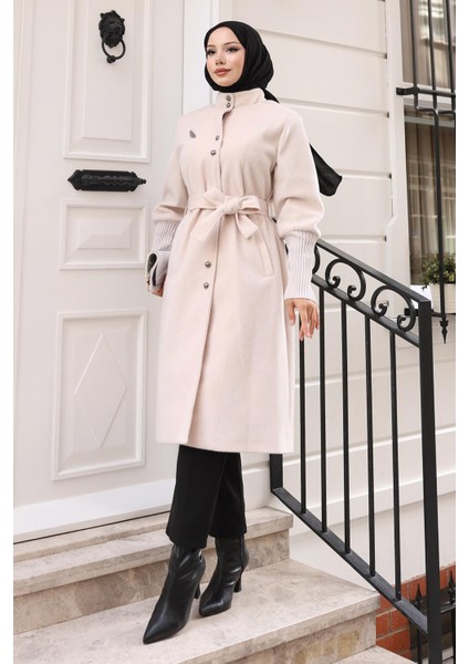 Broş Detaylı Kaban Bej 19279 modelleri