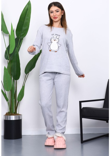 Gri Kışlık Pamuklu İnterlok Pijama Takımı