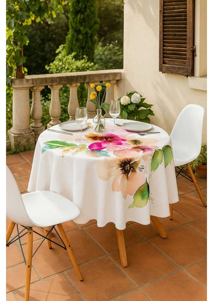Yuvarlak Pastel Çiçek Desenli Duck Kumaş Masa Örtüsü 150X150 cm