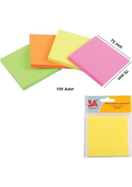 Yapışkanlı Not Kağıdı Neon Renk 75X75 mm 2 Adet