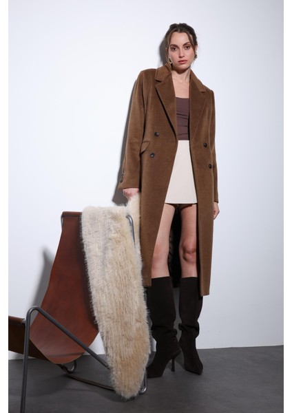 Kahve Yün Karışımlı Kruvaze Kadın Kaban