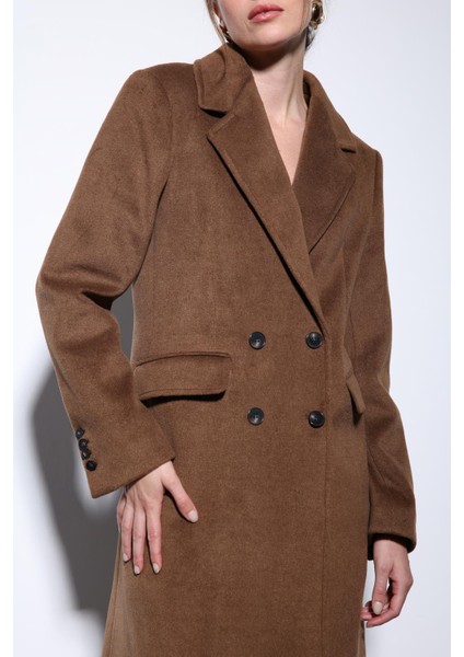 Kahve Yün Karışımlı Kruvaze Kadın Kaban