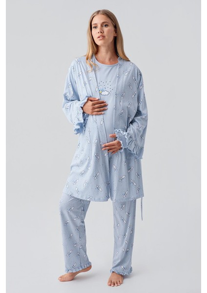 Uzun Kollu Desenli Esnek Pamuklu Hamile Sabahlık Pijama Takım 18300