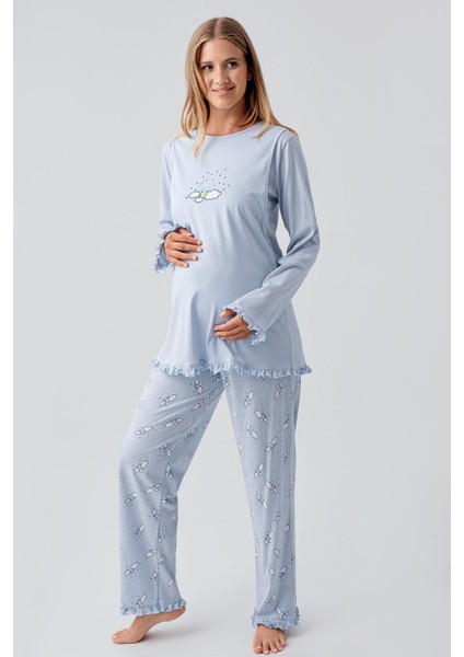 Uzun Kollu Desenli Esnek Pamuklu Hamile Sabahlık Pijama Takım 18300 fiyatları