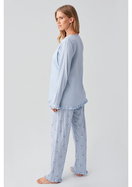 Uzun Kollu Desenli Esnek Pamuklu Hamile Sabahlık Pijama Takım 18300 fırsatları