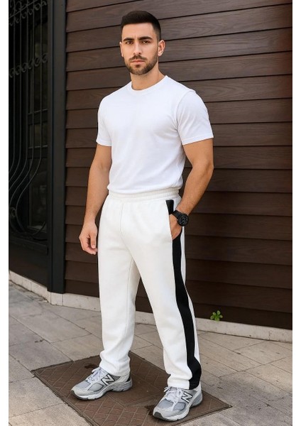 Erkek Üç Iplik Kışlık Pamuklu Yandan Garneli Kalın Şeritli Cepli Eşofman Altı - Beyaz