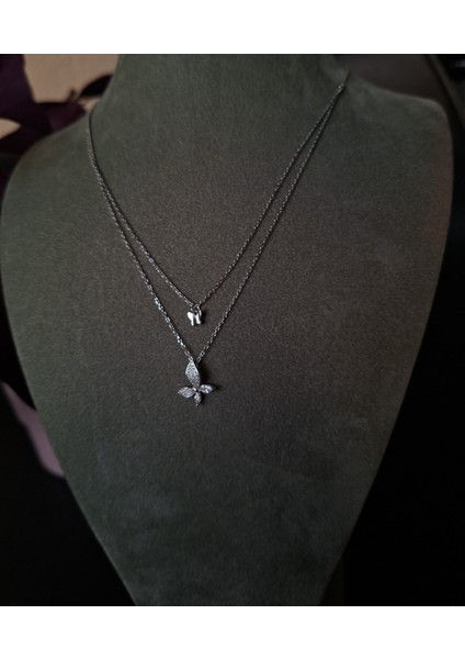 925 Ayar Gümüş Iki Kelebek Detaylı Çift Zincir Model Genç/yetişkin Kadın Kolyesi - Şık Tasarım