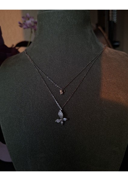 925 Ayar Gümüş Iki Kelebek Detaylı Çift Zincir Model Genç/yetişkin Kadın Kolyesi - Şık Tasarım fiyatları