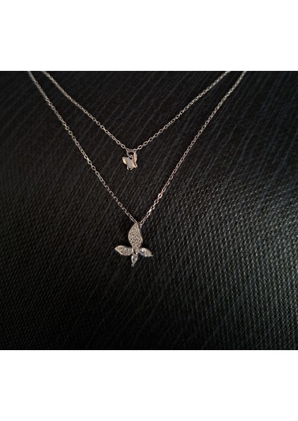 925 Ayar Gümüş Iki Kelebek Detaylı Çift Zincir Model Genç/yetişkin Kadın Kolyesi - Şık Tasarım modelleri