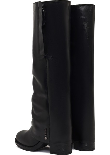 Kadın Siyah Kalın Topuklu Deri Çizme 25WFD185918