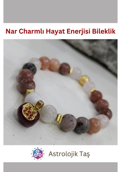 Astrolojik Doğal Taş Nar Charmlı Hayat Enerjisi Doğal Taş Bileklik - Jasper & Ay Taşı modelleri