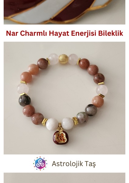 Astrolojik Doğal Taş Nar Charmlı Hayat Enerjisi Doğal Taş Bileklik - Jasper & Ay Taşı fırsatları