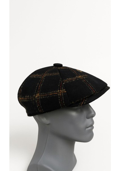 Erkek Kışlık Kaşe Kumaş Desenli Arkası Lastikli Standart Kasket Şapka (Newsboy Cap)