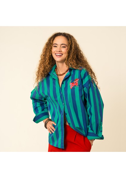 Protı Çizgili Poplin Gömlek - Lacıvert - Yeşil fiyatları