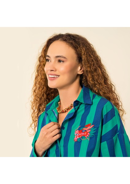 Protı Çizgili Poplin Gömlek - Lacıvert - Yeşil fırsatları