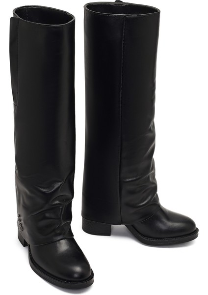 Kadın Siyah Kalın Topuklu Deri Çizme 25WFD185918