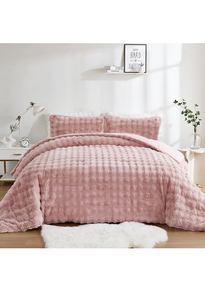 Tekstil Bubble Kürk Yatak Örtüsü Çift Kişilik Dolgulu Peluş Yumuşak Çift Taraflı Yorgan Pudra Renk 3 Parça