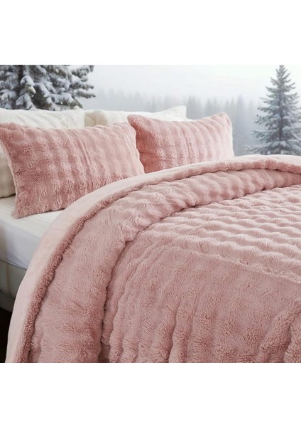 Tekstil Bubble Kürk Yatak Örtüsü Çift Kişilik Dolgulu Peluş Yumuşak Çift Taraflı Yorgan Pudra Renk 3 Parça modelleri