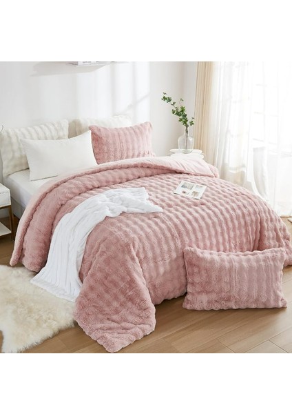Tekstil Bubble Kürk Yatak Örtüsü Çift Kişilik Dolgulu Peluş Yumuşak Çift Taraflı Yorgan Pudra Renk 3 Parça indirimleri