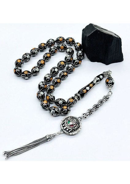 Gümüş İşlemeli Usta İşçilikli Orijinal Oltu Taşı Tesbih