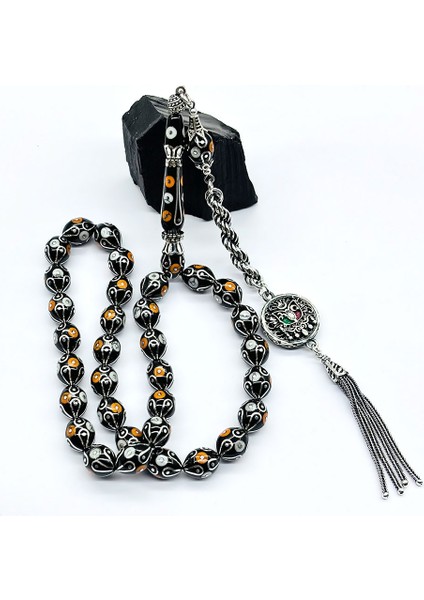 Gümüş İşlemeli Usta İşçilikli Orijinal Oltu Taşı Tesbih fiyatları