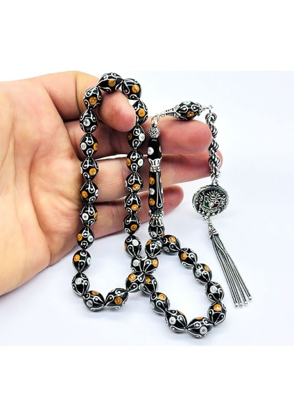 Gümüş İşlemeli Usta İşçilikli Orijinal Oltu Taşı Tesbih modelleri