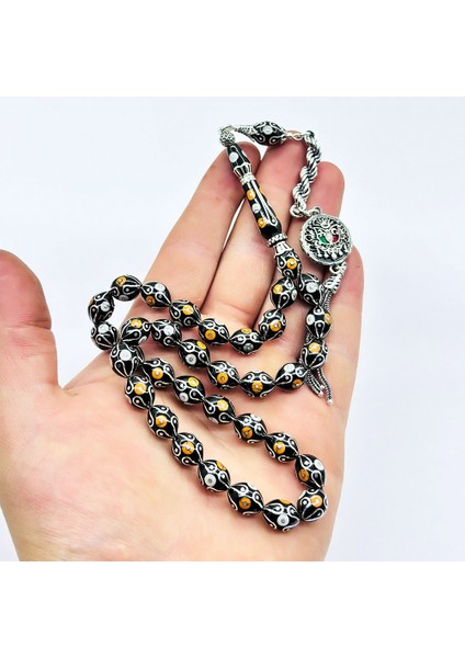 Gümüş İşlemeli Usta İşçilikli Orijinal Oltu Taşı Tesbih fırsatları