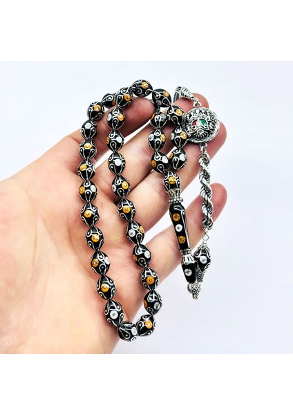 Gümüş İşlemeli Usta İşçilikli Orijinal Oltu Taşı Tesbih indirimleri