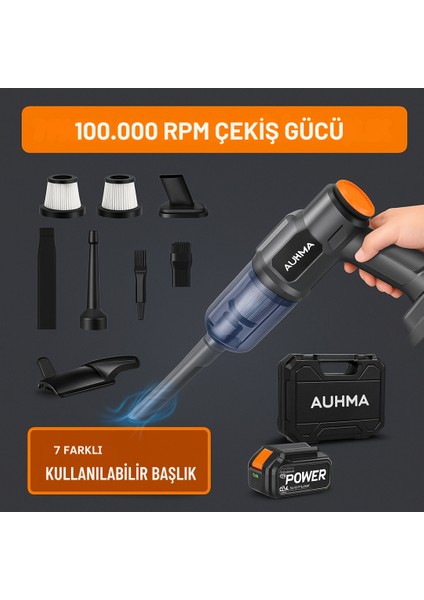 Araç Içi Şarjlı Süpürge, Çok Amaçlı Süpürge, 20000 Pa Yüksek Emiş Gücü, 7 Farklı Kullanılabilir Başlık, 15000+10000 Mah Çift Batarya, 3 Kademeli Güç Modu, 100.000 Rpm Yüksek Çekiş ve Basınçlı Üfleme