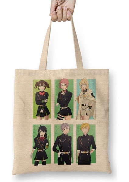 Owari No Serapy Kıyamet Meleği Beyaz Bez Çanta Uzun Saplı Alışveriş Çantası Plaj Çantası