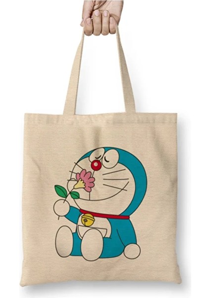 Doraemon Anime Beyaz Bez Çanta Uzun Saplı Alışveriş Çantası Plaj Çantası