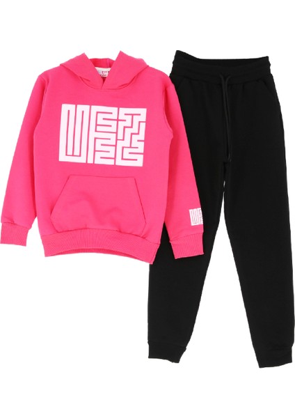 Kız Çocuk 2 Iplik Küfe Yazı Görselli Kapüşonlu Alt-Üst Takım 12374